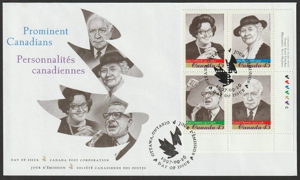 Canadá #1664b, canadienses prominentes, LR PB, portada oficial del primer día, FDC 1997 Foto 1 de 1