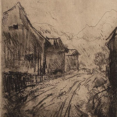 Dorfstraße Bergdorf Alte Ortsansicht unbekannt signiert Radierung 20 Jhd - Bild 1 von 3