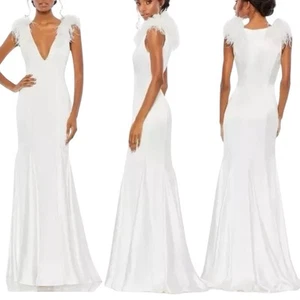 Mac Duggal Satin Feather White Gown 68137 Bridal $798 Size 6 Wedding NEW NWT - Picture 1 of 20