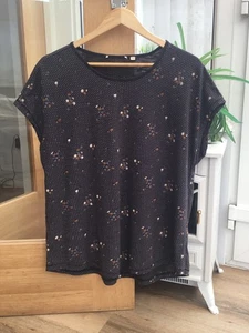 Fat Face Summer Tee Dark Grey Ditsy Floral & Spotted Print Slub T-Shirt Size 16 - Picture 1 of 7