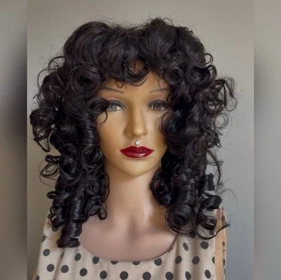 ¡PELUCA DIARIA CABELLO HUMANO PELUDO 100 % BRASILEÑO! Rizos hinchables negros con flequillo Foto 1 de 3