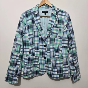 Talbots blau Madras kariert Patchwork Blazer Gr. 10 gefüttert adrett Büro Baumwolle Arbeit - Bild 1 von 10