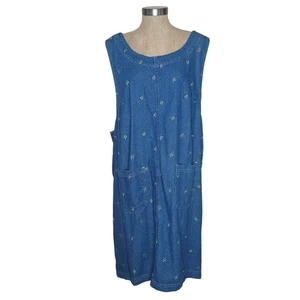 Erika & Co Jumper Dress Blue Denim Sleeveless 3X Comfort Leaf Pattern Pockets - Picture 1 of 10