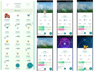 Pokemon GO PTC x2 Shiny Eevee Entdeckerhut, x2 Shiny Lati@s Hintergrund, Unown J - Bild 1 von 8