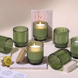 7Oz Empty Green Ribbed Glass Candle Jars - Set of 8, Glass Candle Containers wit - Picture 1 of 12