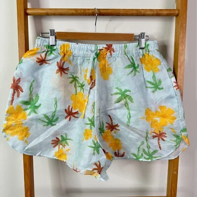 Roame Shorts Womens 2 Blue Palm Flower Print Linen & Silk Blend Sheer - Image 1 of 4