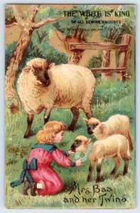 MÁQUINAS DE COSER WHITE IS KING DE LA DÉCADA DE 1880*OVEJAS*CORDEROS*SEÑORA BAA Y SUS GEMELOS*TARJETA DE INTERCAMBIO - Imagen 1 de 2
