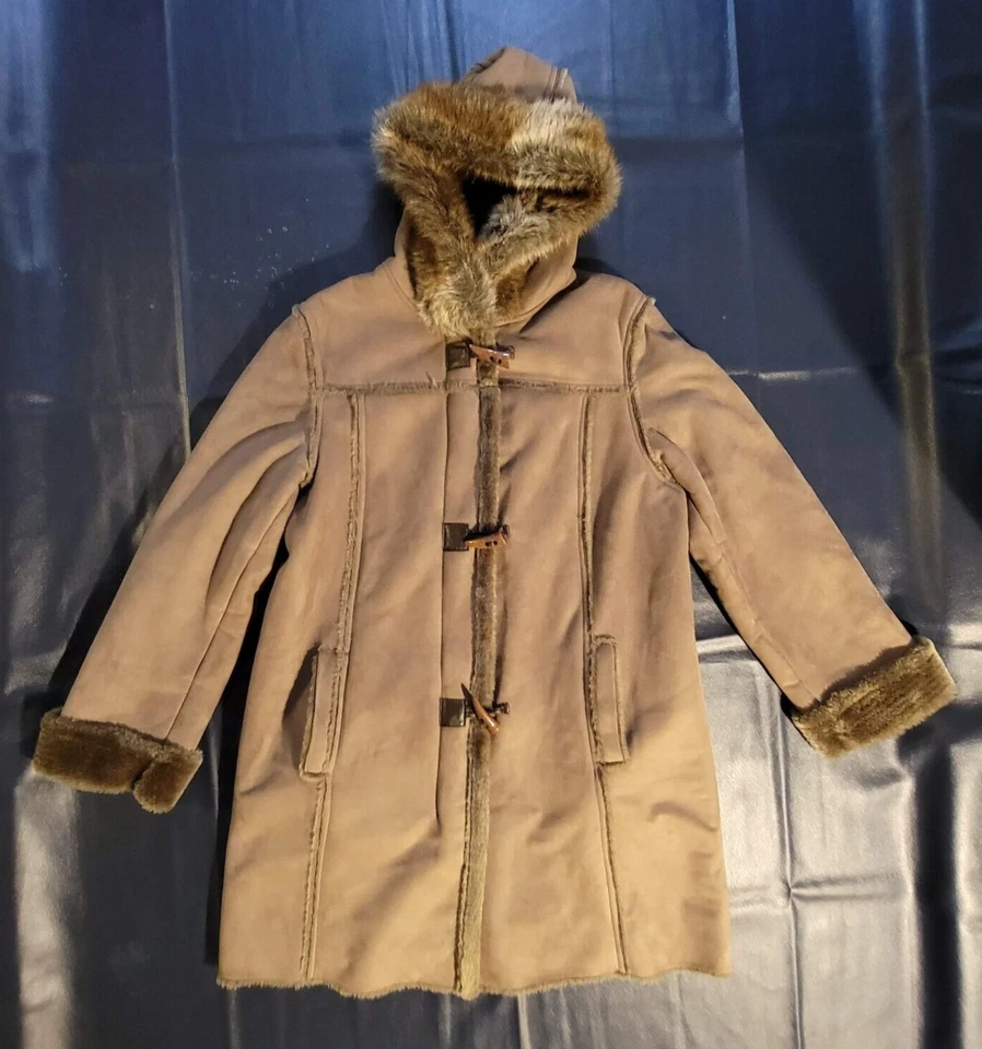 Women's Vintage Chadwick's Tan Sherpa Lined Shearling Hooded Toggle Long M Coat - Image 1 of 4