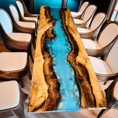 Mesa de río epoxi borde vivo de lujo | Madera oscura y resina azul verdoso | Hecha a mano Foto 1 de 4