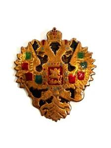 Vintage Russian Double-Headed Eagle Enamel Brooch Pin Gold-Tone Hand-Painted - Picture 1 of 8