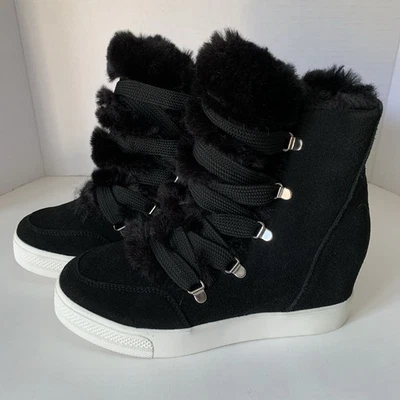 Steve Madden Womens Black Wharton Faux Fur Lace Up Wedge Booties Size 8.5 NEW - Image 1 of 4