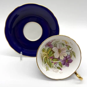 Aynsley Clematis Violett Blumen Kobaltblau Teetasse & Untertasse Set SIGNIERT S Bentley - Bild 1 von 9