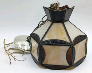 ANTIQUE LEADED MARBLED CREAM COLORED GLASS SWAG LIGHT FIXTURE CHANDELIER 7.25" w - Picture 1 of 7