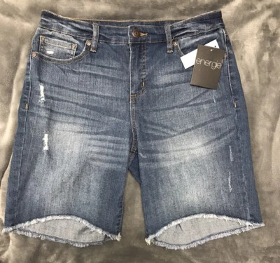 Energie Womens Juniors Bermuda Destructed Cut Off Jean Shorts Sz 3 Med Wash - Image 1 of 2