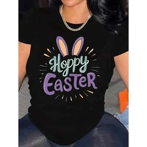 100% Cotton Women's Easter bunny ear pattern T-shirt, casual short sleeved top - Picture 1 of 12