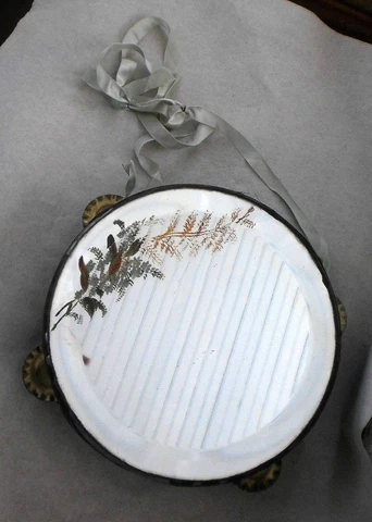 Vintage Painted Mirror Tambourine Folk Art Hand made OOAK Round Cover