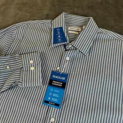 Camisa de Vestir Haggar Premium Cómoda Calce Ajustado Azul Blanco Rayas Hombres 16-16.5 32/33 Foto 1 de 4