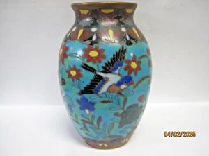Chinese Vintage Cloisonne Brass Butterfly & Bird 3.5 Inch Pot Vase - Picture 1 of 4