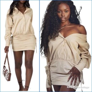 Lioness The Cult Minidress Womens Sz M Camel Safari Ruched Poplin Dress NWT - Picture 1 of 15