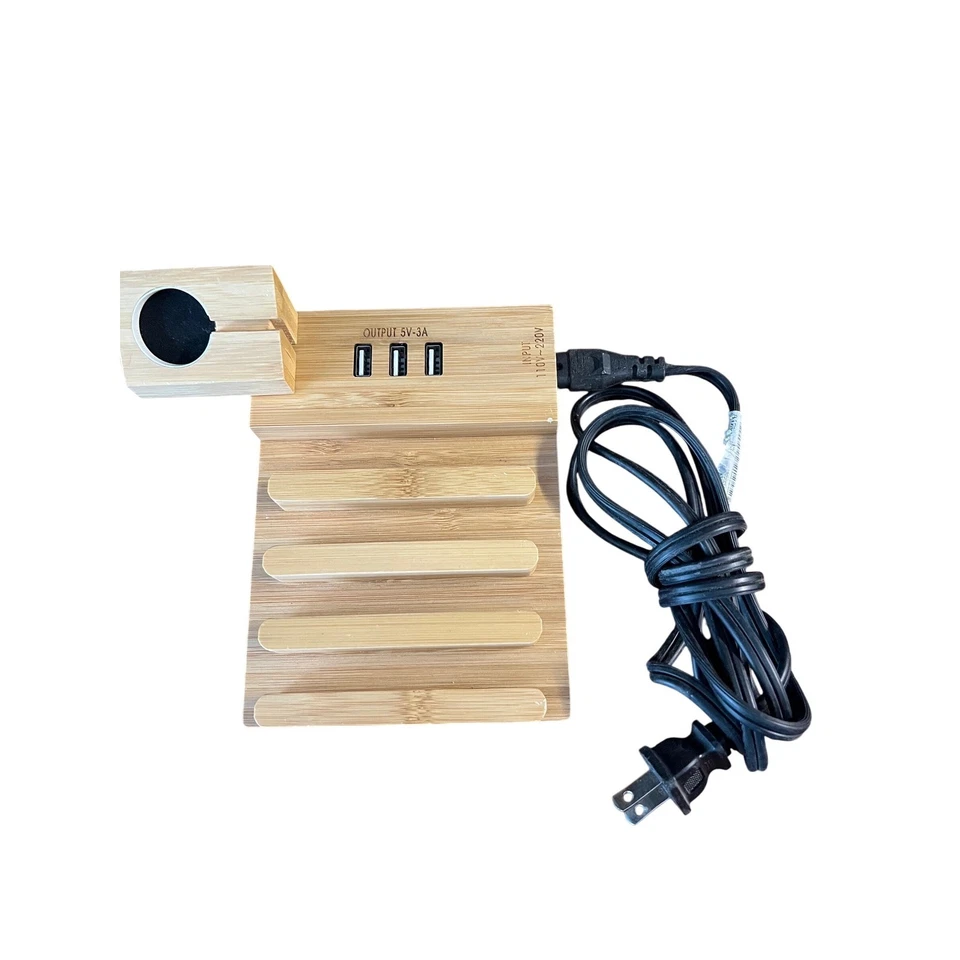 Base organizadora de base de estación de carga de bambú con 3 puertos USB y puerto de reloj Foto 1 de 1