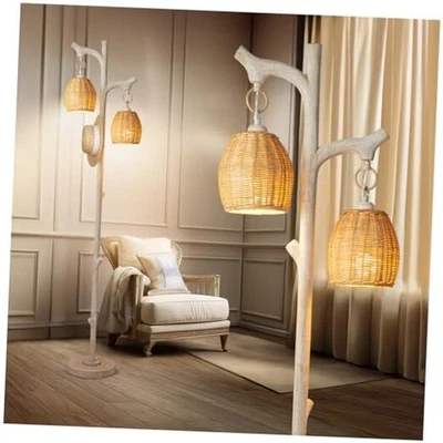 Lámpara de pie rústica de 68" de altura para casa de campo tronco de árbol blanco lavado Foto 1 de 4