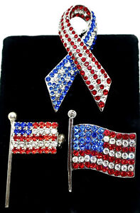 3 Sparkly Patriotic July 4th Red Clear Blue Rhinestone Flag Ribbon Pins Brooches