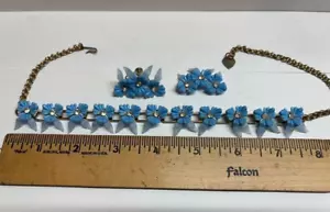 Vintage blaue Blume Halskette (16 1/2" lang) & Ohrringe Set-Modeschmuck - Bild 1 von 6