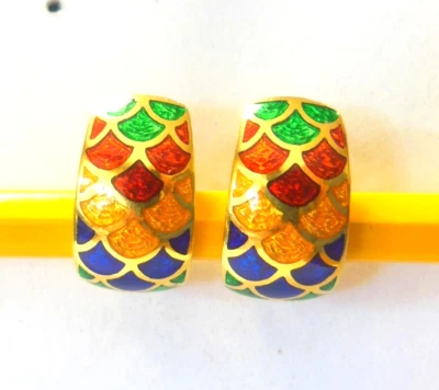 Italian 750 18K Yellow Gold Multi Color Enamel Fish Scales Omega Back Earrings - Image 1 of 4