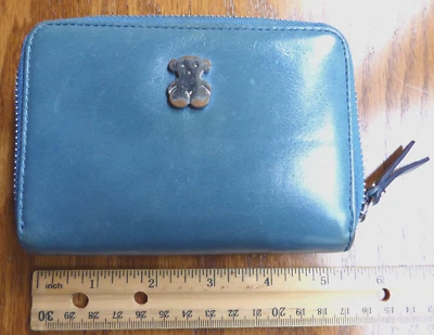 TOUS Blue Leather Zip Snap Wallet Logo Bear Continental - Image 1 of 4