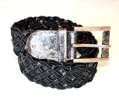 Cintura donna nera fibbia argento brillantinata treccia vernice regalo UG92 - Immagine 1 di 2