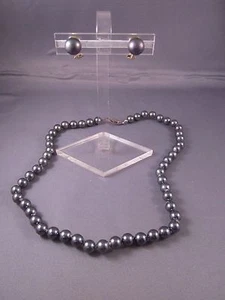 Women's Vintage Black 19" Faux Pearl Necklace & Pierced Earrings Great Quality! - Picture 1 of 6