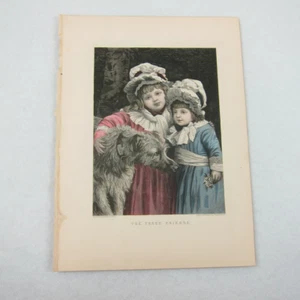 Antique 1800s Victorian Engraving Print Little Girls & Dog Three Friends Colored - Picture 1 of 12