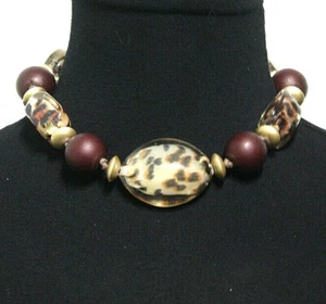 JS Fashion Statement Necklace Choker Clear Leopard Print Beads Brown Gold Wood - Picture 1 of 6