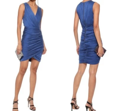 Vestido Alice + Olivia Damia Azul Índigo Seda Acanalado Estilo Envolvente Hasta la Rodilla Talla 0 Foto 1 de 4