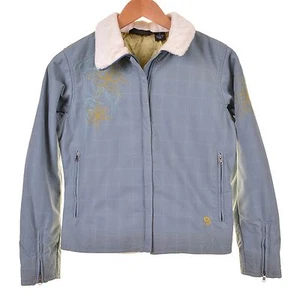 Mountain Hardware Womens Gray Blue Embroidered Faux Fur Snow Ski Coat Jacket XS - Picture 1 of 9