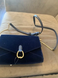 Ralph Lauren RL Bennington Purse Pocketbook Gold Navy Blue Velvet Clutch Chain - Picture 1 of 4