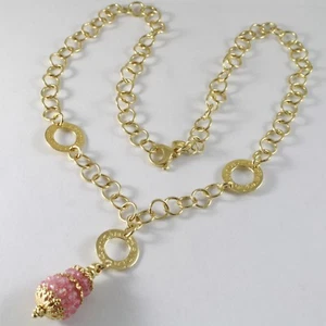 Collier Argent 925 Plaqué or Jaune avec Pendentif Travaillé Quartz Rose - Picture 1 of 11