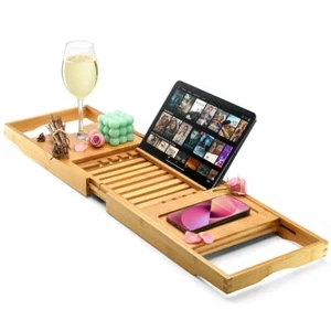 Luxury Foldable Bathtub Tray Caddy Waterproof Wooden Bath Organizer For Wine Boo - Picture 1 of 9