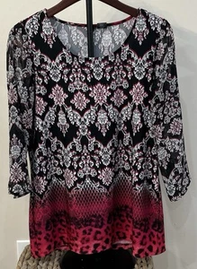 NEW DIRECTIONS Women's Top Long Sheer Sleeve Stretch Colorful Pullover Medium - Picture 1 of 7