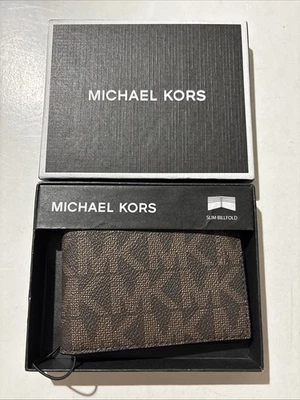 Cartera de cuero para hombre Michael Kors, delgada doble pliegue, logotipo marrón/negro con caja Foto 1 de 4
