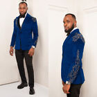 Men's Royal Blue 3D Appliques Sleeve Double Vented Jacket Black Pant Custom Made