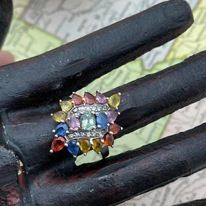 Multi-Gemstone Cluster Sterling Silver Ring 7.25 - Picture 1 of 12