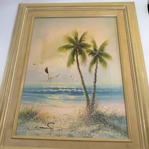 "Pintura al óleo de gaviotas escena playa palmera vintage firmada enmarcada 21""x17,25""" - Imagen 1 de 10