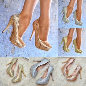 Ladies Very High Heel Platform Court Shoes Diamante Evening Ocassion Closed size - Picture 1 of 28