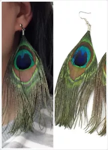 Genuine Funky Large Peacock Feather Fashion Earrings - Fish Hook or Clip-on - Picture 1 of 4