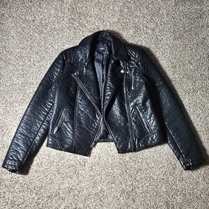 American Eagle Asymmetrical Faux Leather Full Zip Black Moto Jacket Womens Large - Picture 1 of 13