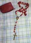 Vintage Goldtone Plastic Red Beaded Rosary With Carrier Bag