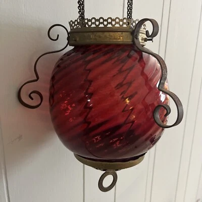 Victorian Hanging Oil Lamp Cranberry Swirl Glass Globe  Brass Chains COMPLETE - Image 1 of 4
