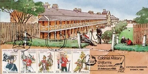 1985 Military Uniforms strip of 5 stamps showing Victoria Barracks Maxicard - Picture 1 of 2