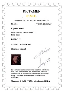 ✔️★EDIFIL 71 - ISABEL II - 19 CUARTOS CASTAÑO-ROSA USADO DICTAMEN CMF (+1.100€)★ - Imagen 1 de 3